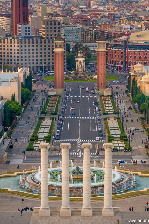 Montjuic - Looking down towards Venetian Towers, Plaça d’Espanya, and former Bullring now shopping center Las Arenas